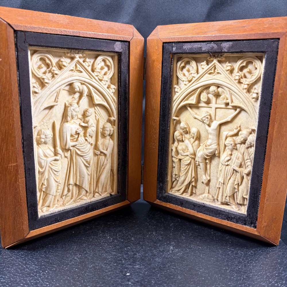 Vintage Diptych Altar Faux Ivory Relief Wood Case Madonna & Crucifixion Gothic